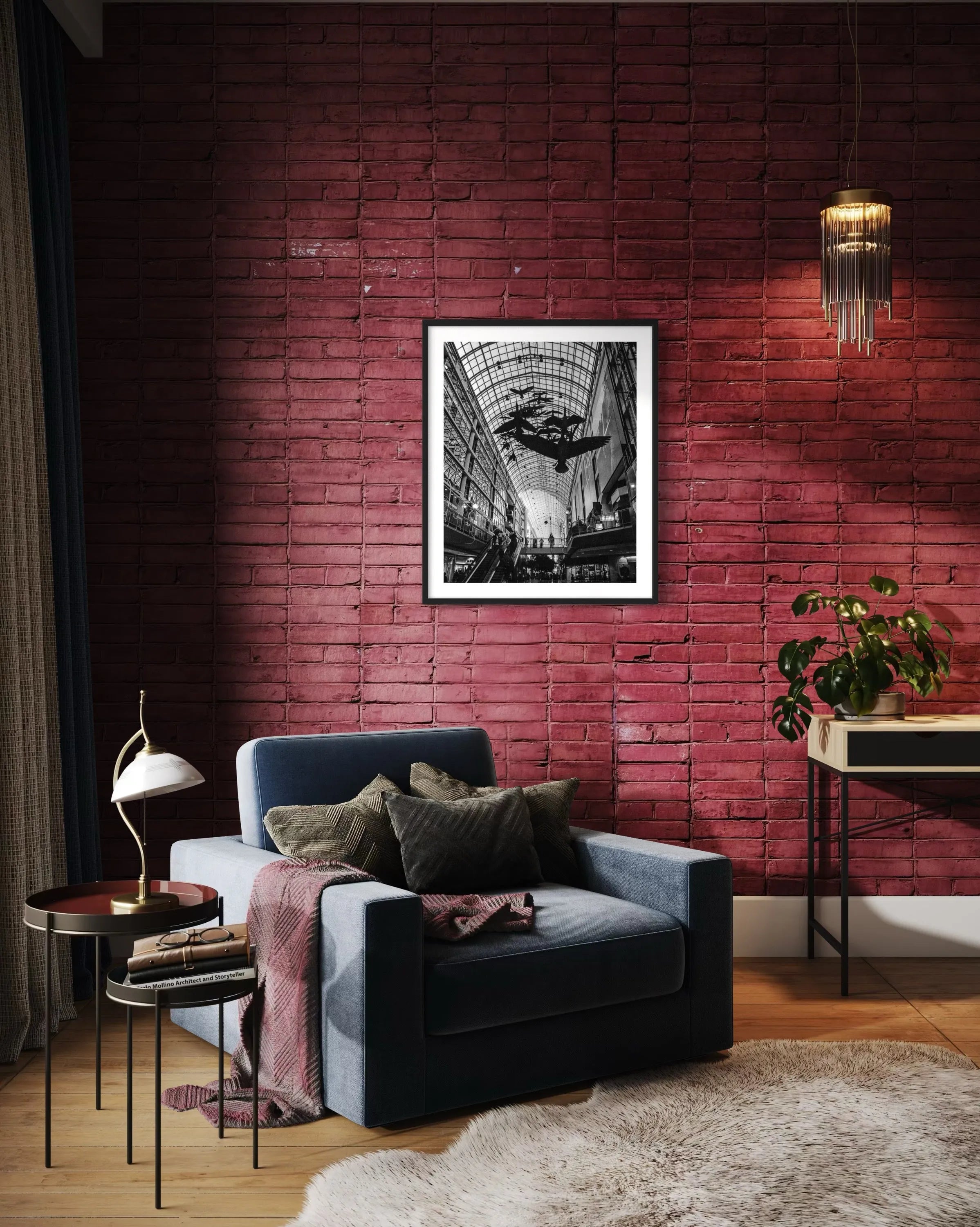 Framed fine art photography Eaton Centre by Ziggy Kańczukowski displayed in a modern living room with a red brick wall and a gray sofa.
