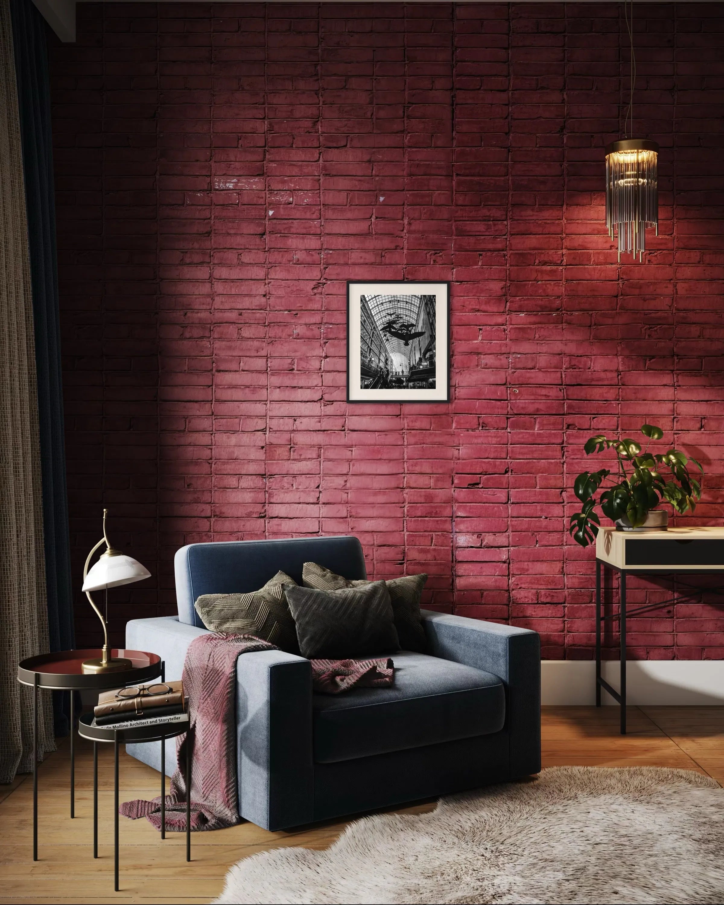 Framed fine art photography Eaton Centre by Ziggy Kańczukowski displayed in a modern living room with a red brick wall and a gray sofa.