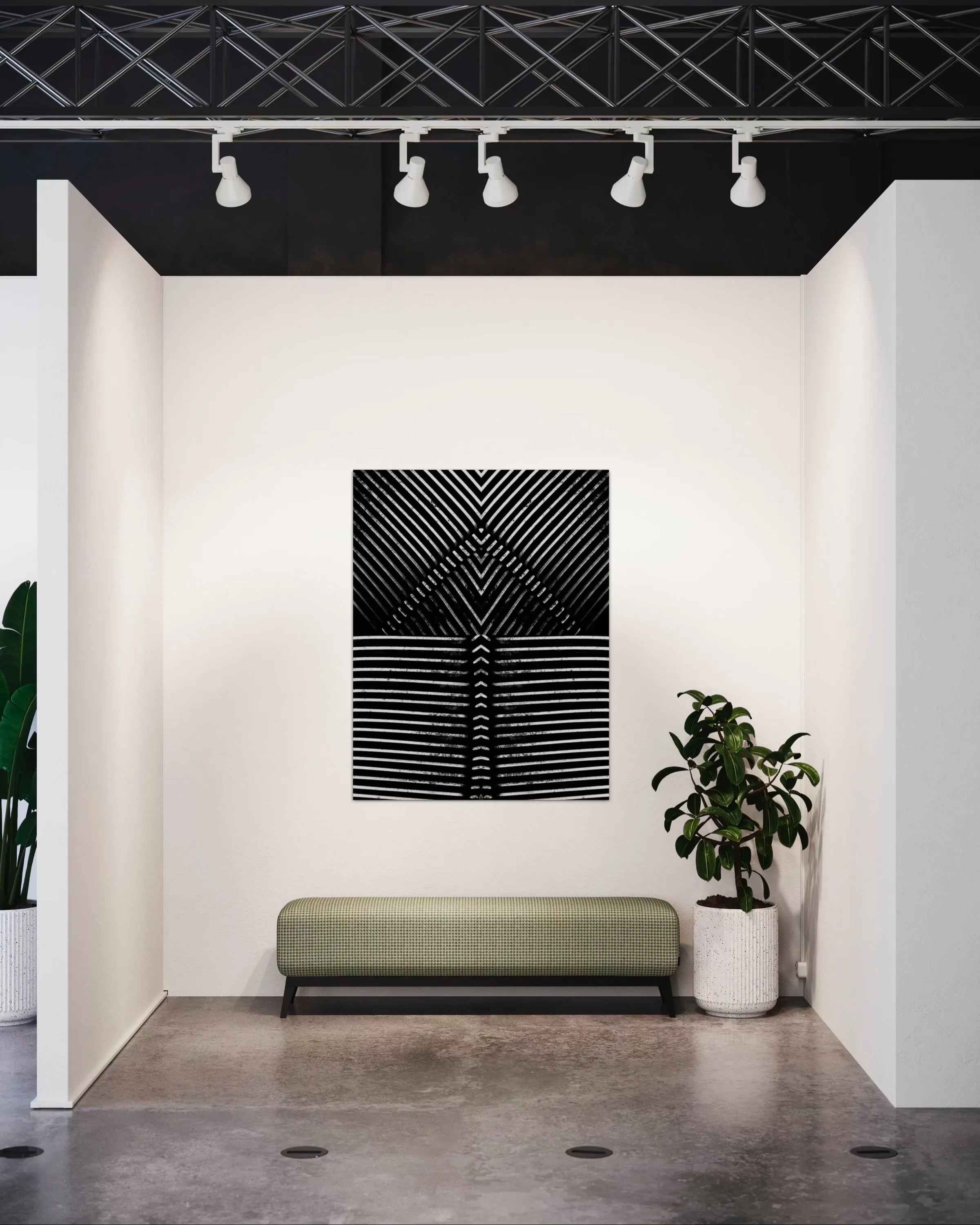 Four framed black and white fine art photographs from the Macroillusions series by Ziggy Kańczukowski displayed in a modern interior with a bench and plants.