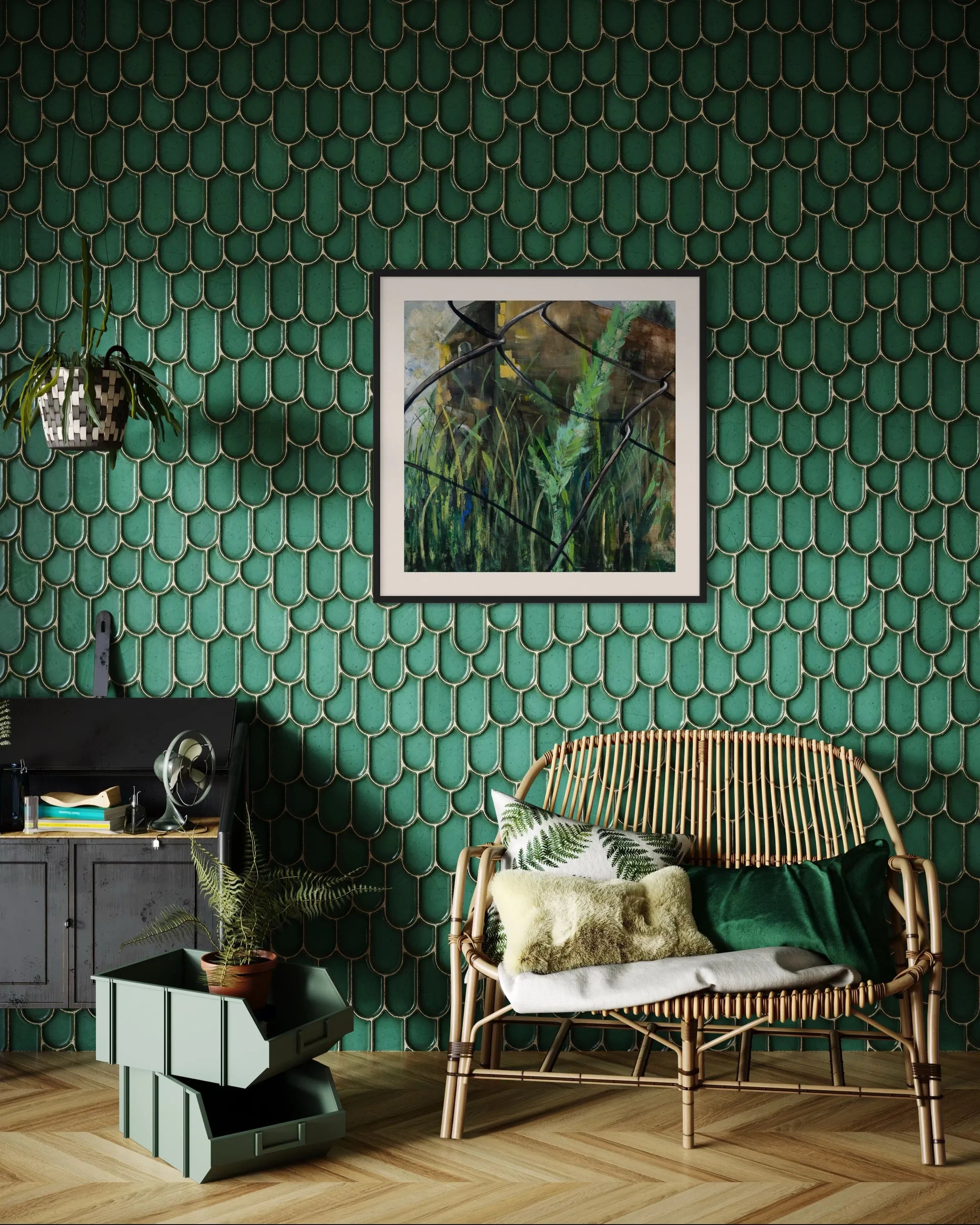 Framed abstract painting Nature III by Oliwia Tomczak displayed in a living room featuring green patterned wallpaper and a wicker bench.