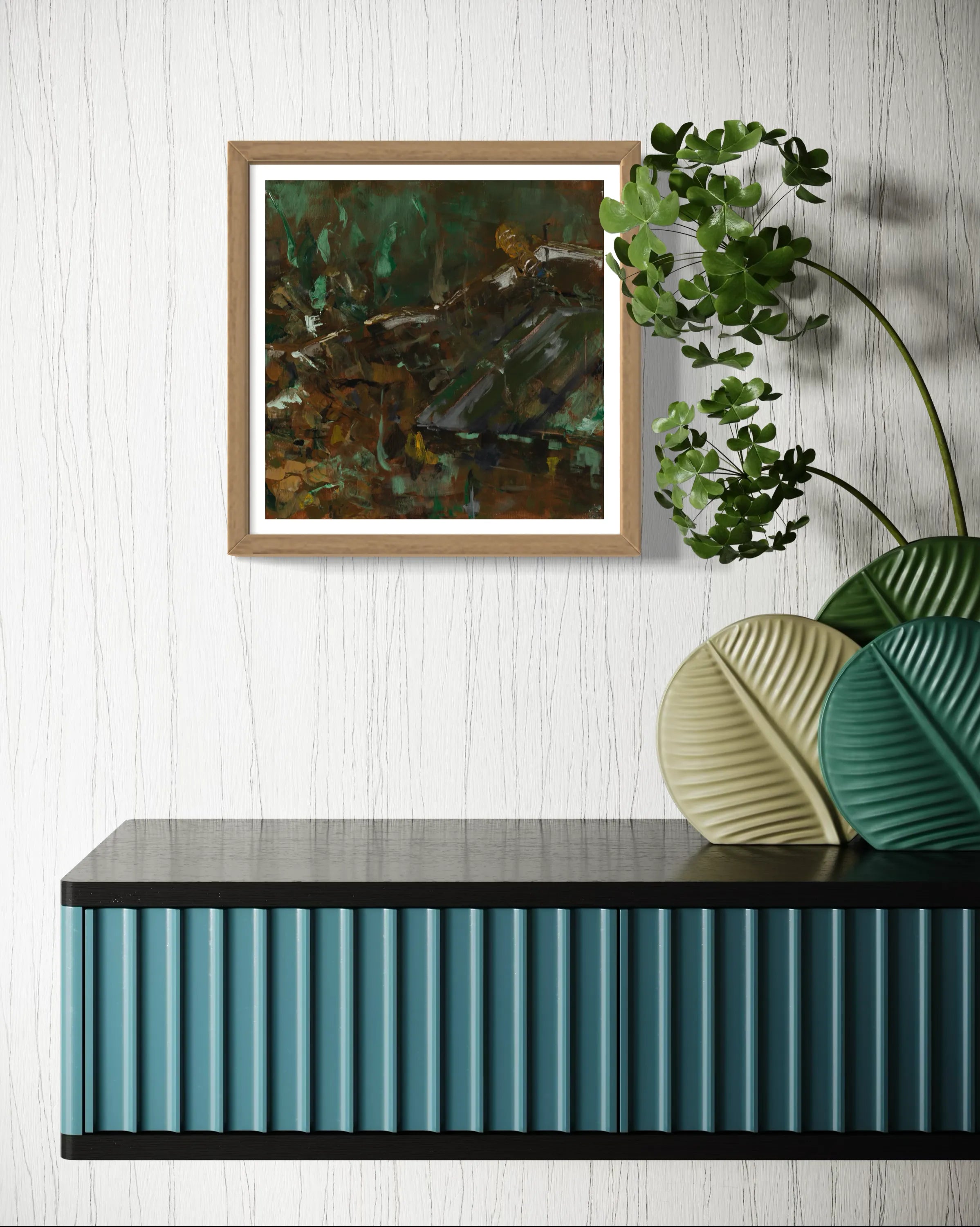 Framed abstract painting Nature IV by Oliwia Tomczak displayed on a wall above a console table with decorative plants.