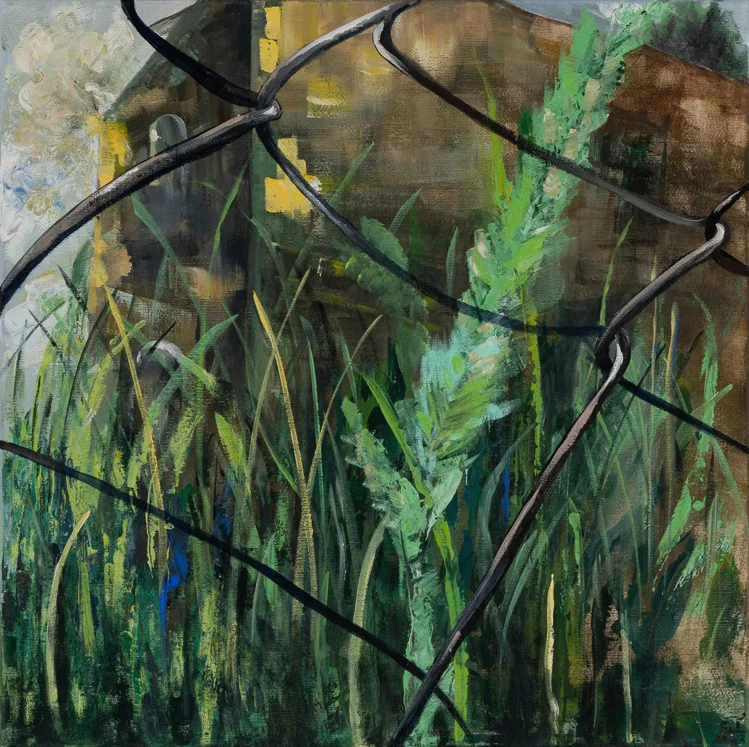 Artistic abstract painting Nature III by Oliwia Tomczak depicting green plants seen through a wire fence against an abstract background.