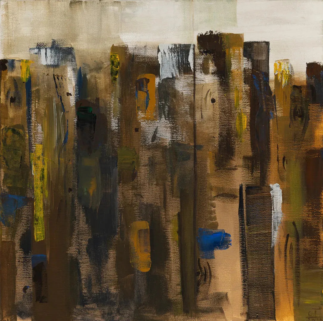 Abstract painting Nature I by Oliwia Tomczak in brown, yellow, and blue colors on a textured background.