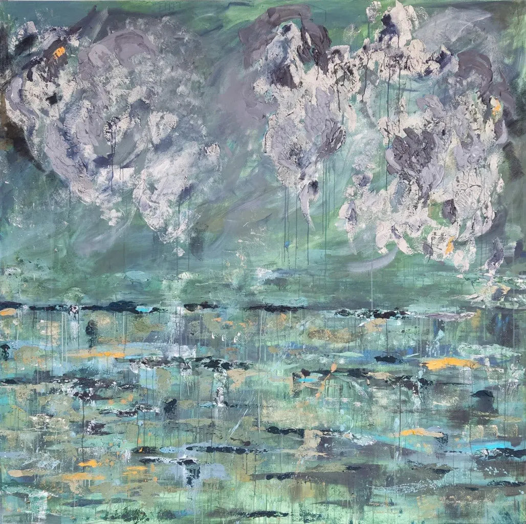 Original abstract painting Landscapes of My Memory I by Oliwia Tomczak depicting an abstract landscape of mountains and water.