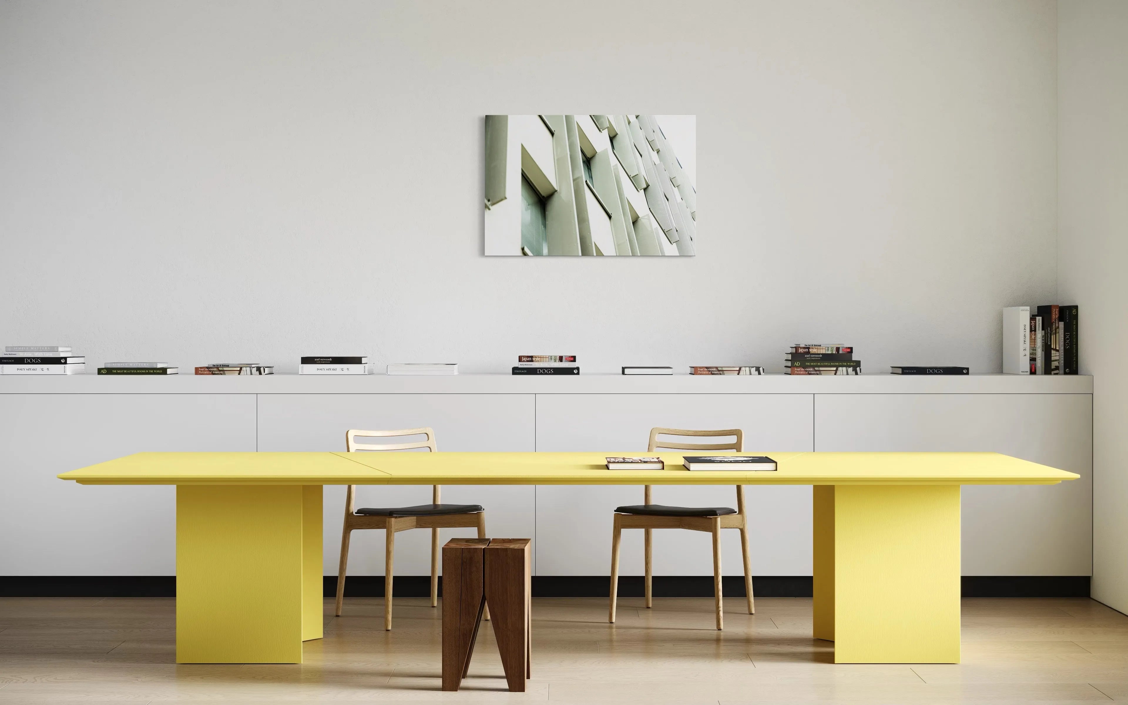 Fine art photography Structure 01 by Ziggy Kańczukowski displayed in a modern, minimalist dining room featuring a yellow table and contemporary chairs.