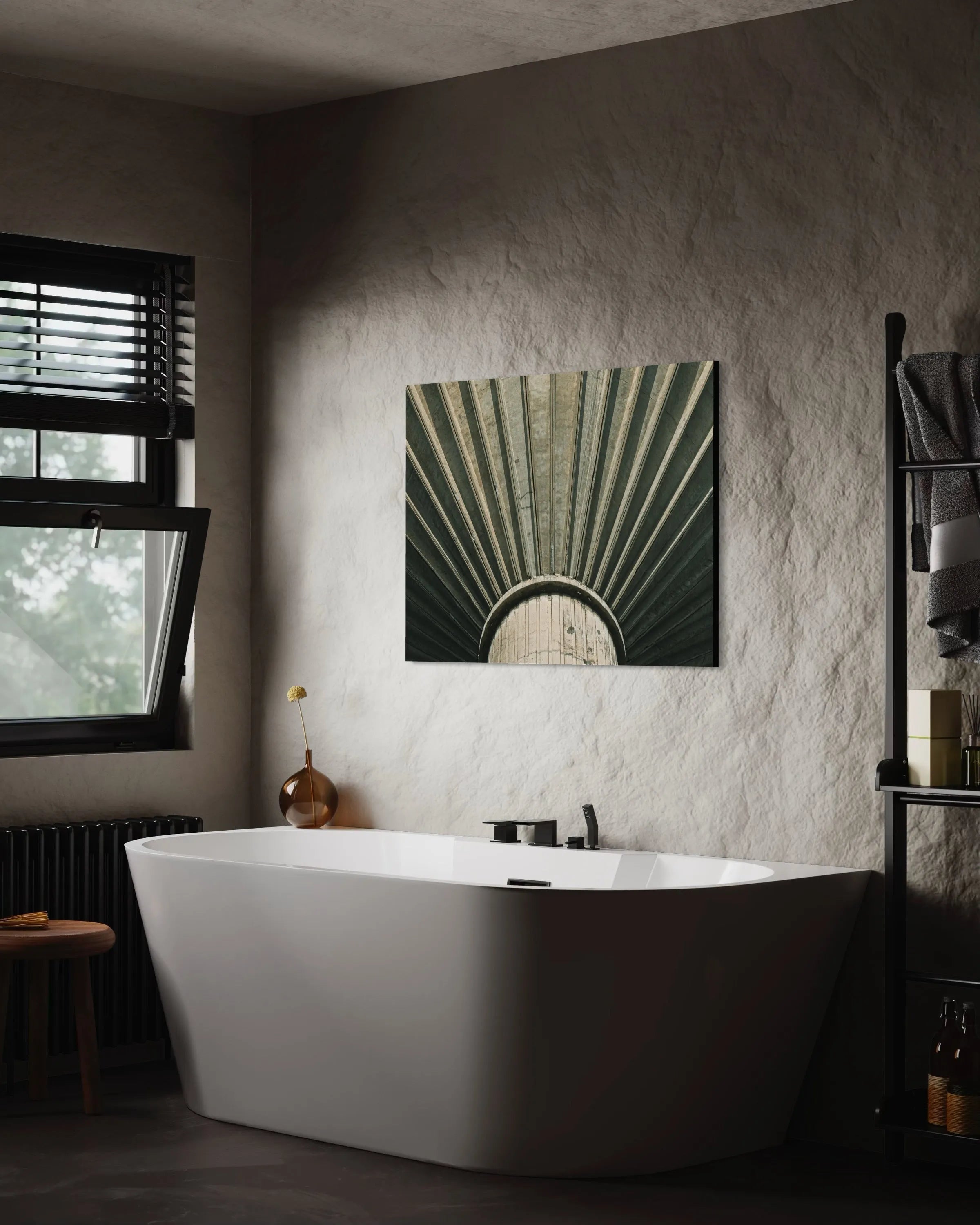 Fine art photography Structure 02 by Ziggy Kańczukowski displayed in a modern bathroom with a freestanding bathtub and window blinds.
