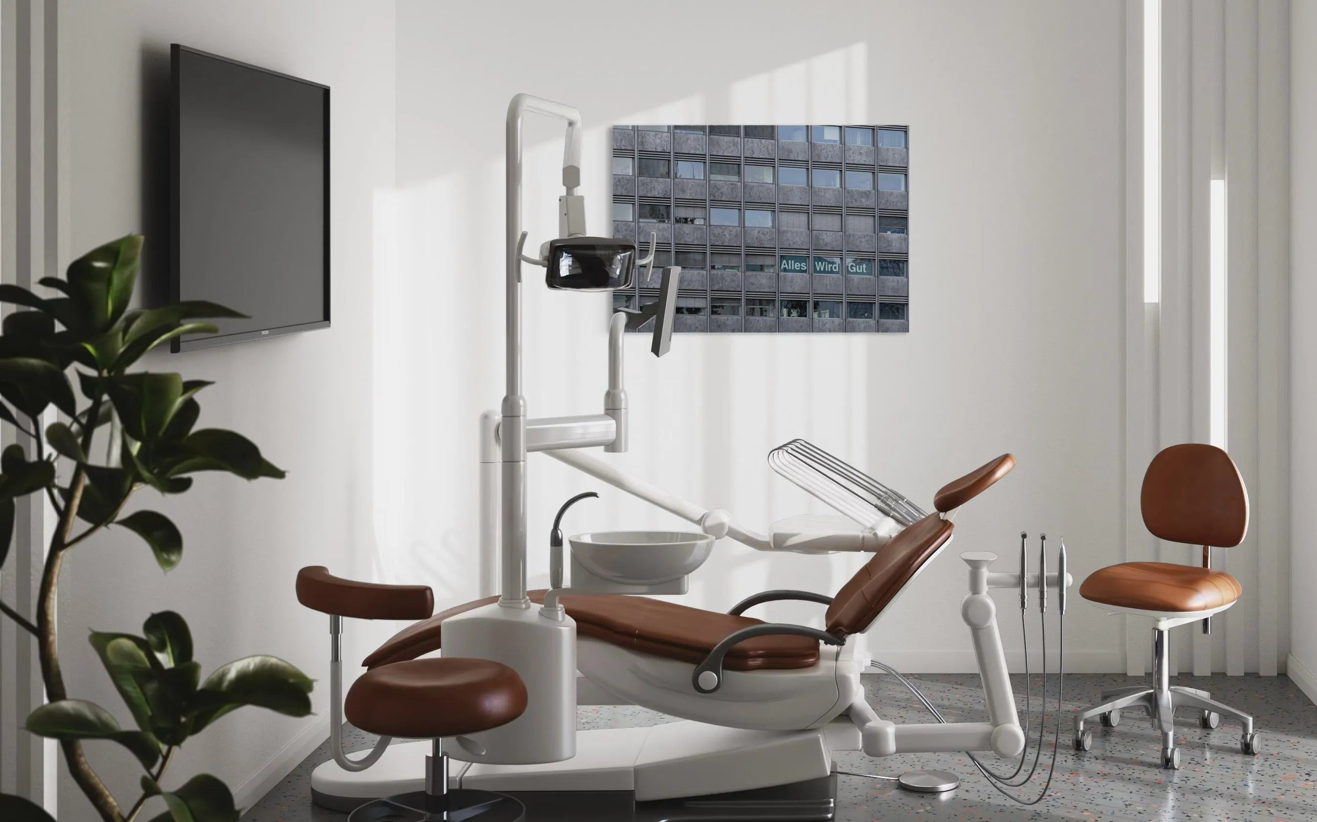 Fine art photography Structure 03 by Ziggy Kańczukowski displayed in a dental office with a patient chair, monitor, and a plant.