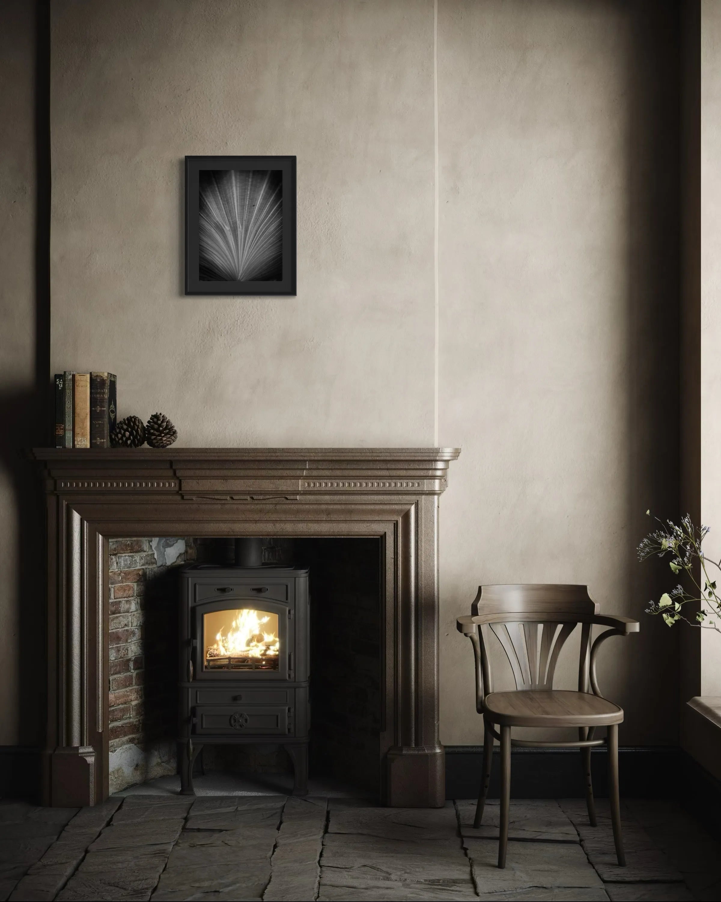 Framed fine art photography Structure 05 by Ziggy Kańczukowski displayed in a cozy room with a lit fireplace and a wooden chair.