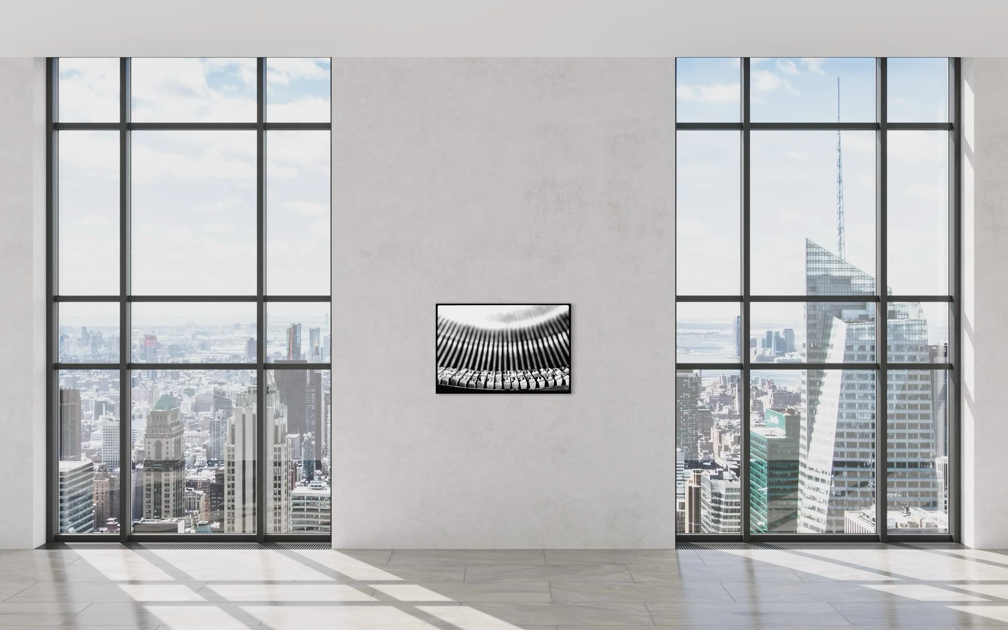 Framed fine art print Machine 05 by Ziggy Kańczukowski displayed on a wall in a modern room with large windows showing a cityscape.