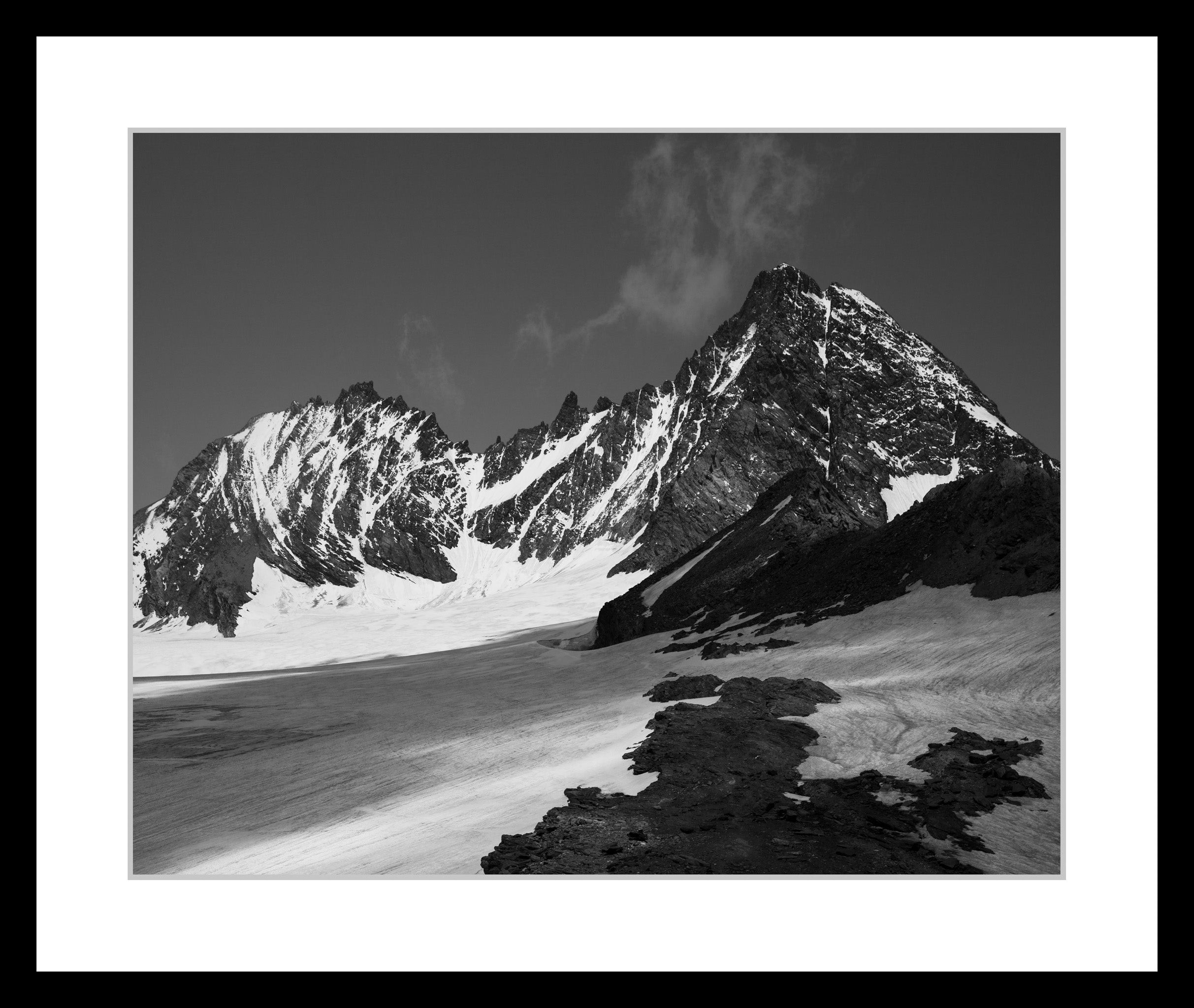 Black and white photograph of the Grossglockner massif, the highest mountain in Austria, presented as a tonal structure, from the series High Tauern. The Zone Studies VII by Ziggy Kanczukowski