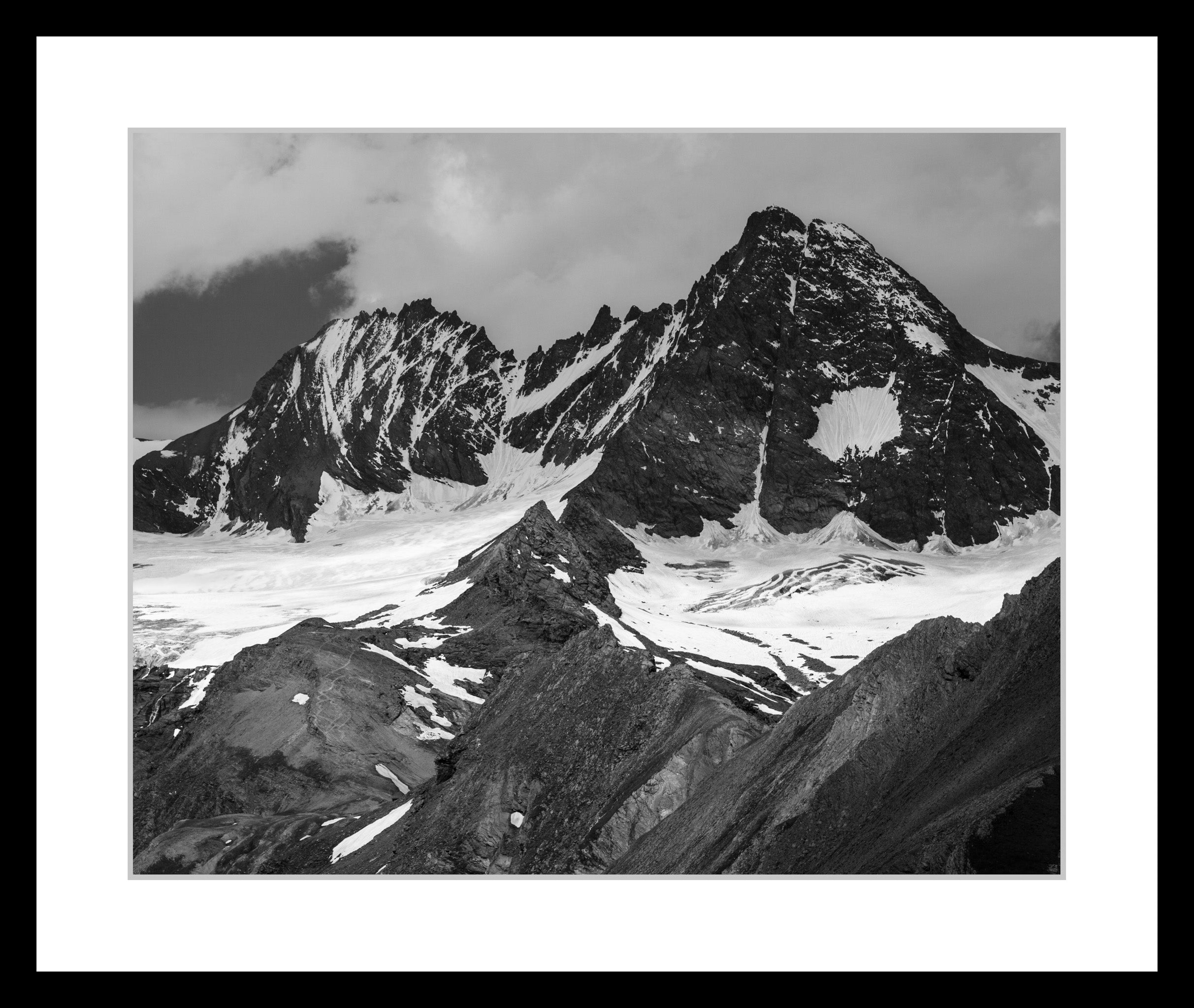 Black and white photograph of the Grossglockner mountain group in the High Tauern range, featuring an extended tonal scale, from the series High Tauern. The Zone Studies VIII by Ziggy Kanczukowski