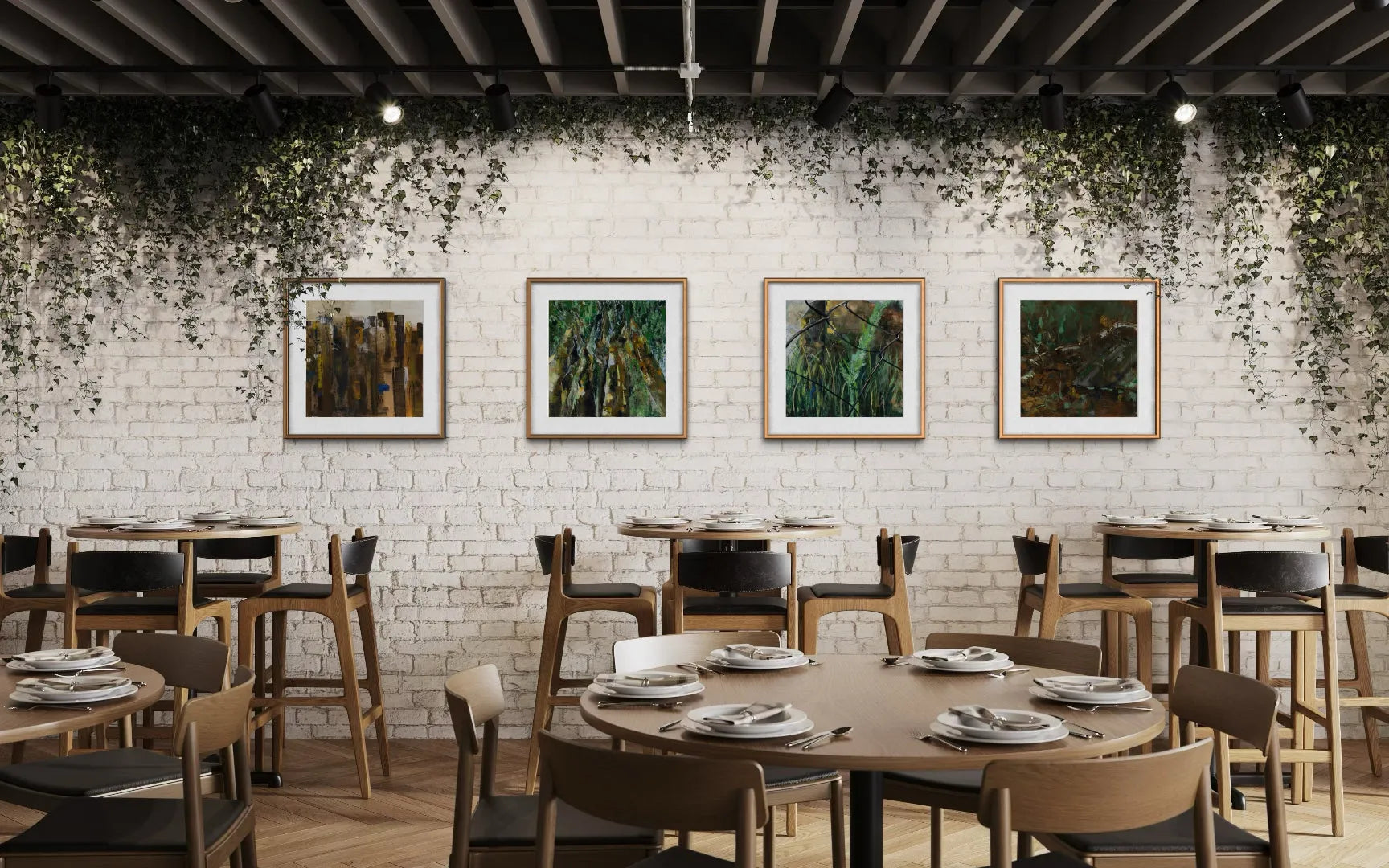 Restaurant interior with framed fine art print from Nature collection by Oliwia Tomczak on a white brick wall.